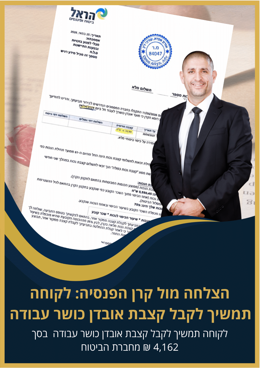 הצלחה מול קרן הפנסיה לקוחה תמשיך לקבל קצבת אובדן כושר עבודה בסך 4,000 ₪ עו״ד אורון אטיא